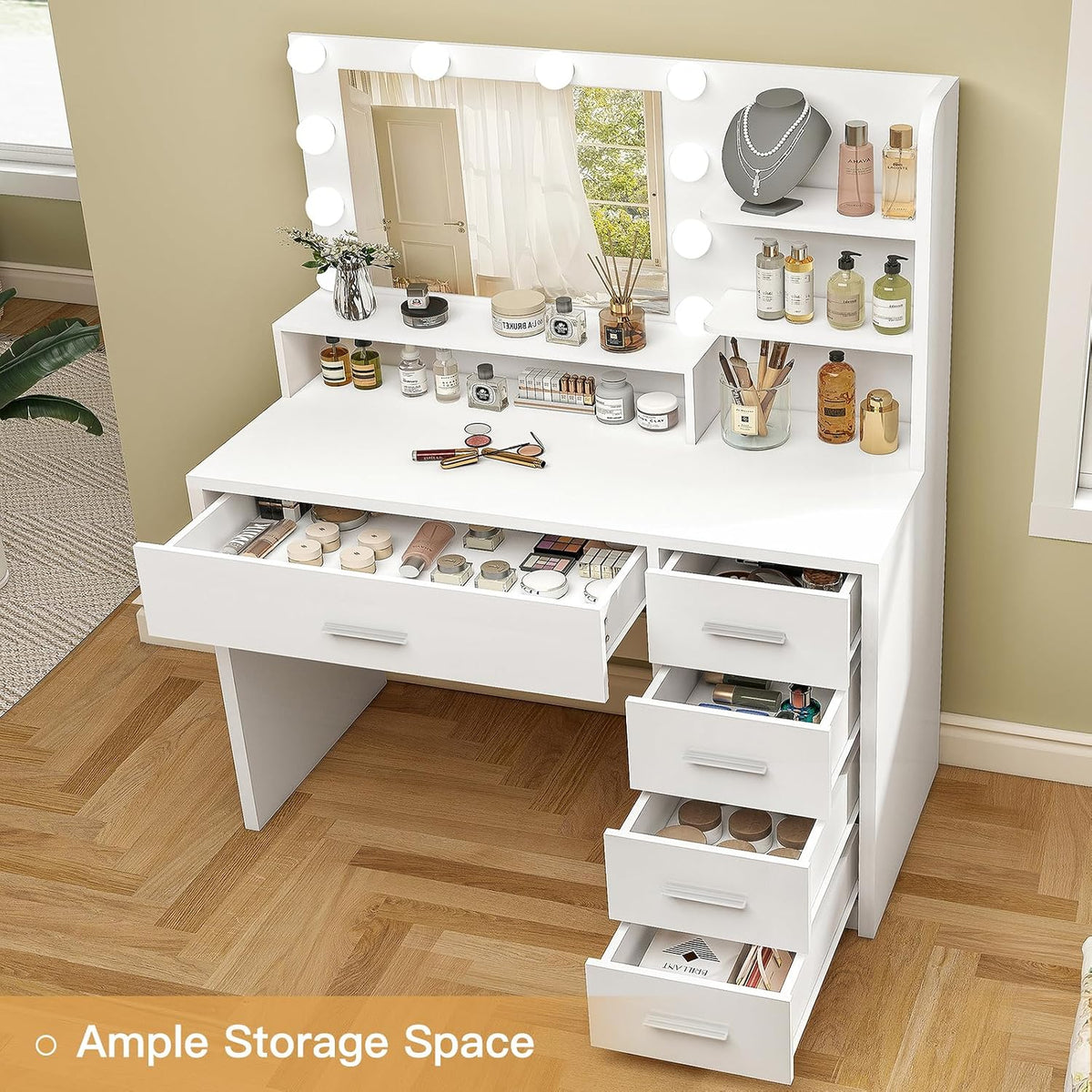 Vanity Desk with Mirror & Lights, Makeup Vanity with 5 Drawers & Storage Shelves, White Vanity Table, 3 Color Modes &