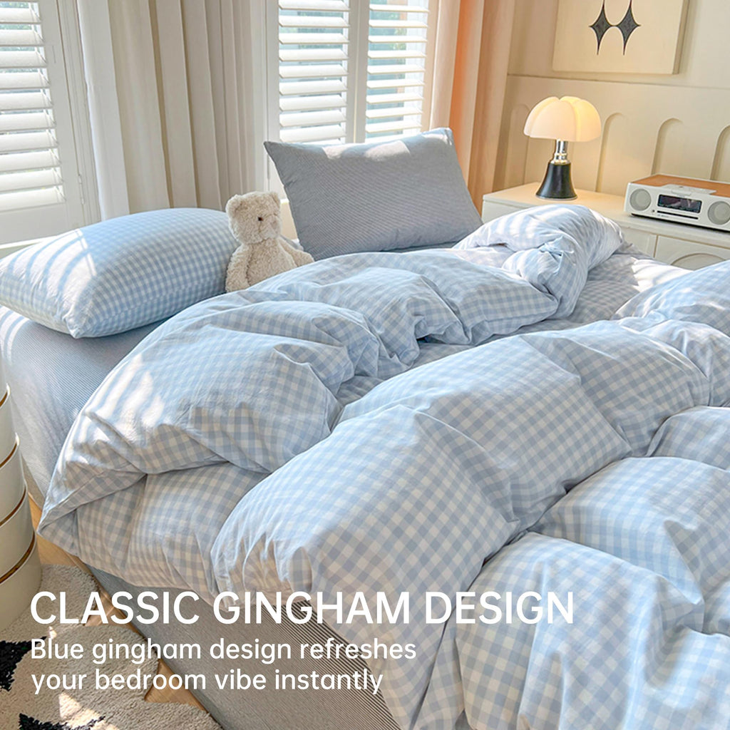 Gingham Comforter Set 3 Pieces, Soft Breathable Bed in a Bag, Light Blue White Checkered Plaid Bedding