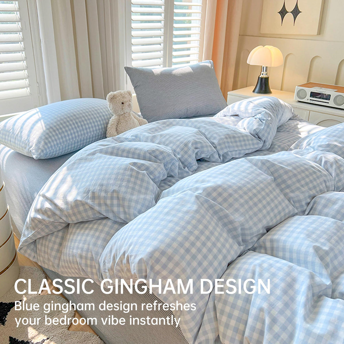 Gingham Comforter Set 3 Pieces, Soft Breathable Bed in a Bag, Light Blue White Checkered Plaid Bedding
