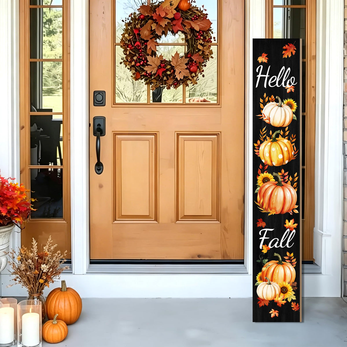 Fall Wooden Porch Sign 47" Pumpkins Maple Leaves Front Door Rustic Standing Large Welcome Porch Sign Front Door Yard