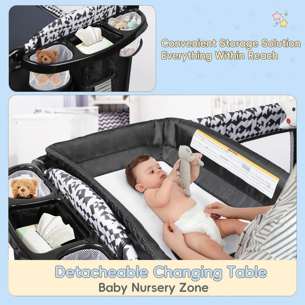 5-in-1 Play Yard, Baby Bassinet Bedside Sleeper with Diaper Changer, Storage Bag & Music Box, Portable Baby Crib