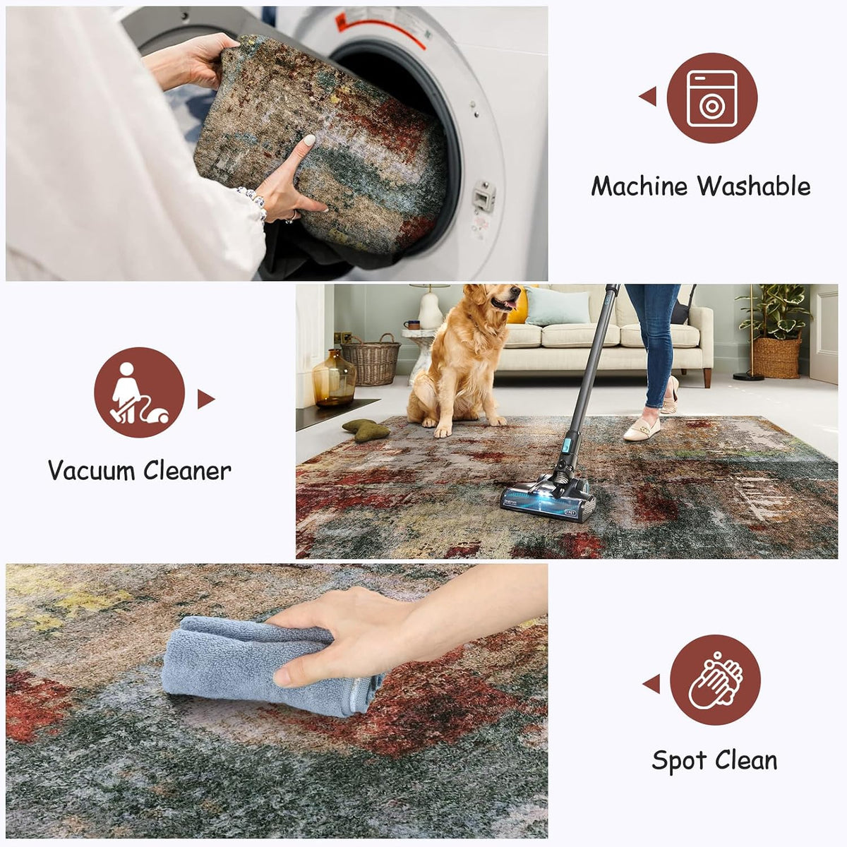 Modern Abstract Living Room Rug, Washable Area Rugs Stain Resistant Non Slip, Large Red Soft Indoor Carpet