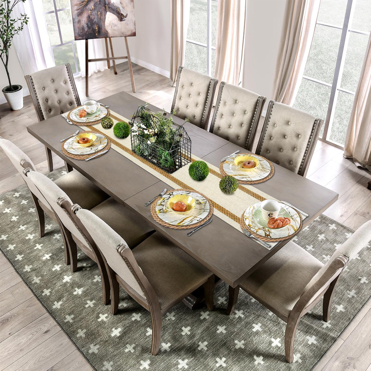 Round Woven Placemats Set of 4, with 72 Inches Long Farmhouse Macrame Table Runner Burlap Cotton Linen Table Runners