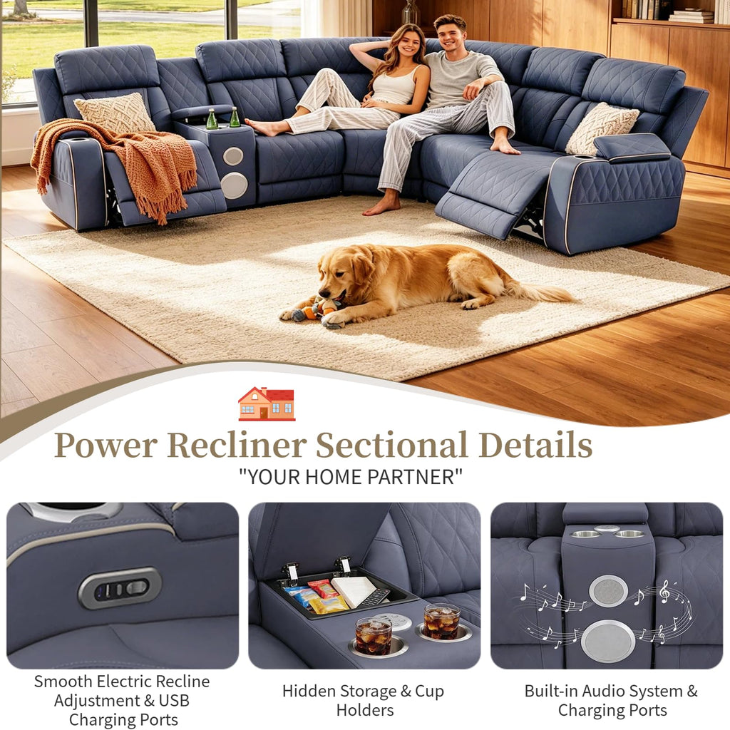 Leather Power Reclining Sectional Sofa with Speakers & USB Charging Ports