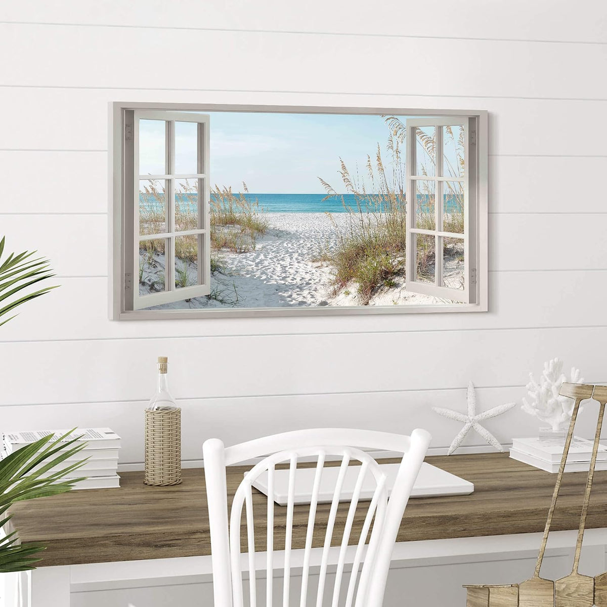 Window Beach Wall Art Prints: Modern Large Tropical Coastal Landscape Canvas Bedroom Blue Ocean Picture Relaxing