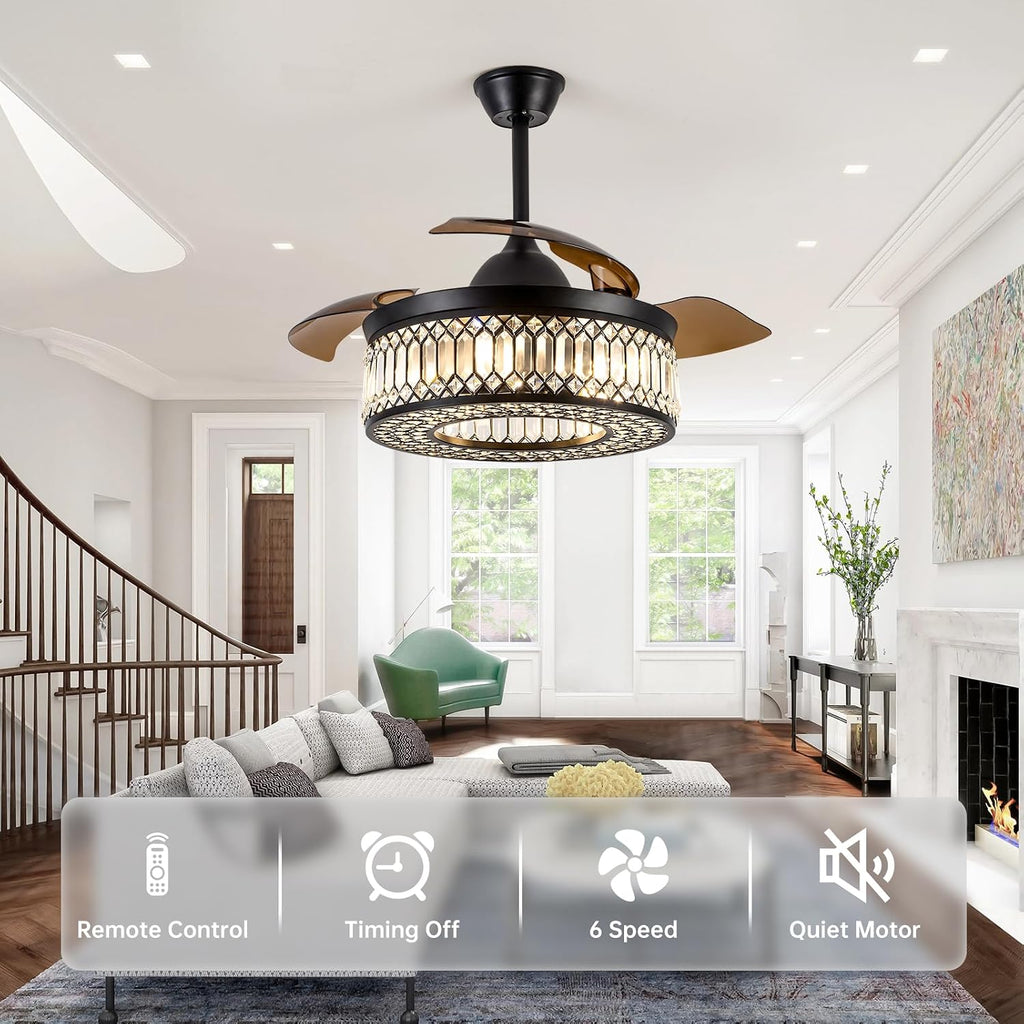 42" Black Chandelier Retractable Ceiling Fan with Light & Remote
