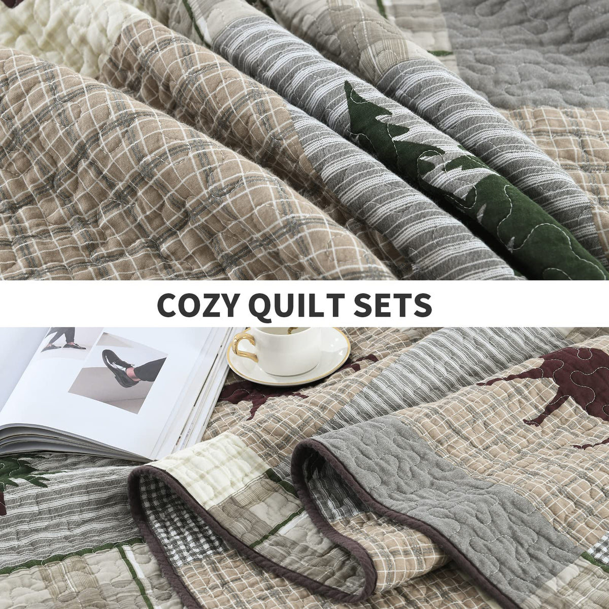 Quilt - 100% Cotton Lightweight Cabin Plaid Quilt Bedding Set, Forest Tree Brown Bear Deer Patchwork