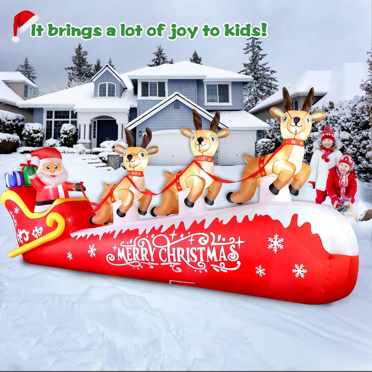12 FT Christmas Inflatable Santa Claus on Sleigh with 3 Reindeers Outdoor Decorations, Giant Christmas Blow Up Yard