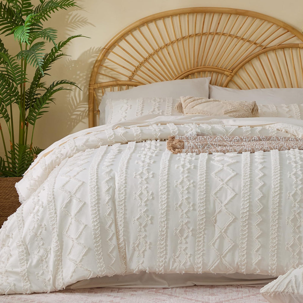 Queen Comforter Set 7 Pieces, Boho Bed in a Bag, Cream White