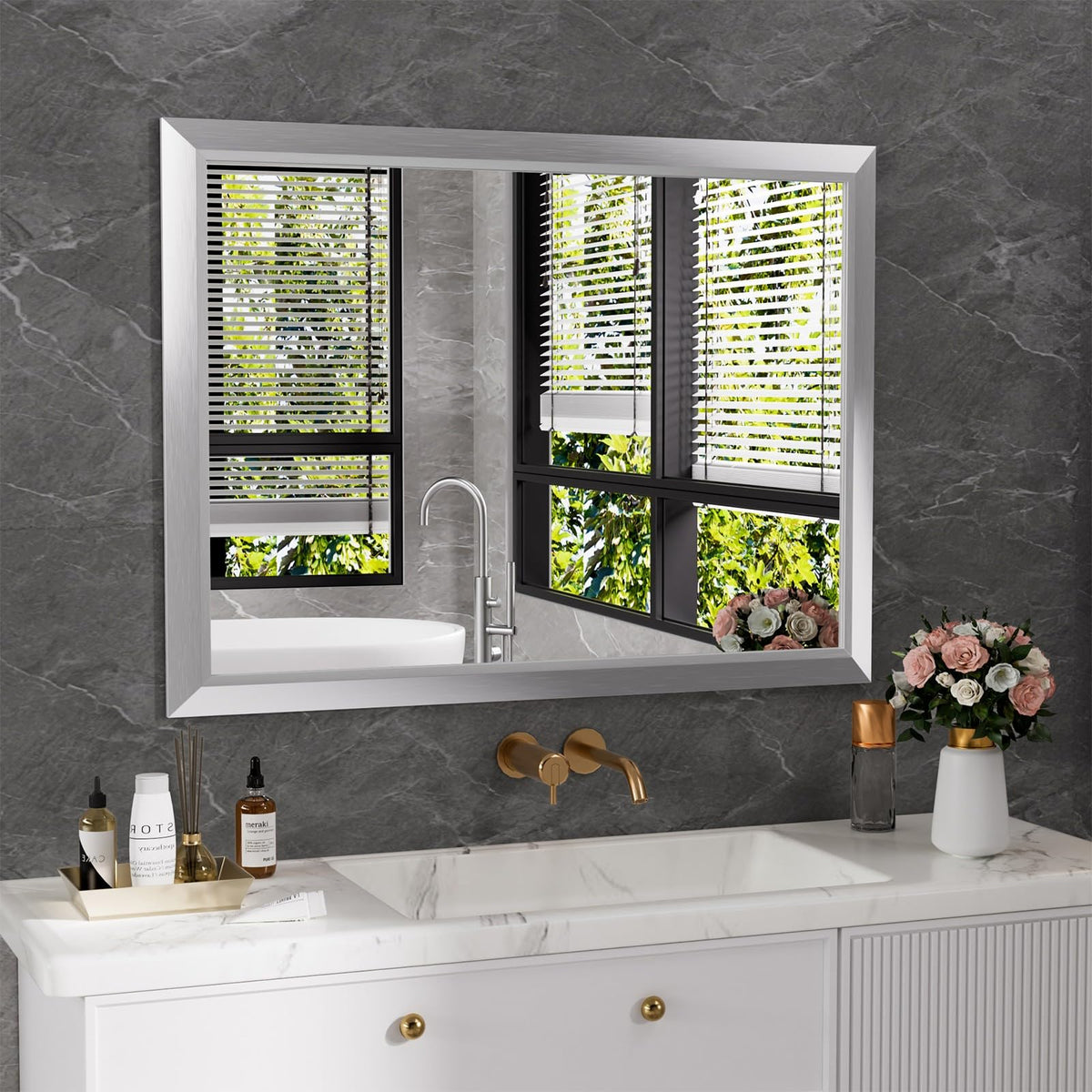 Bathroom Mirror for Wall 40x30 Inch, Brushed Silver Metal Framed