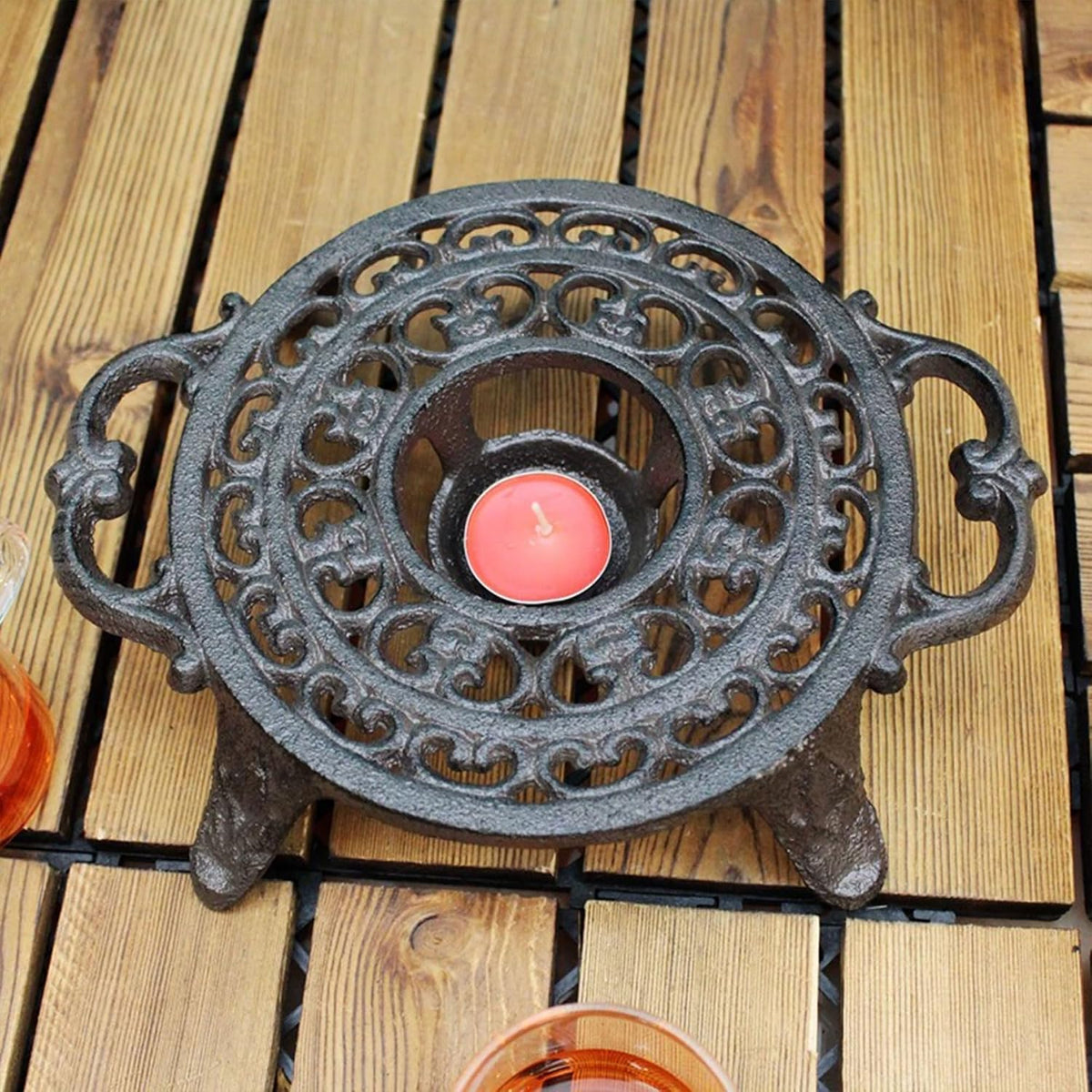 9 Inches Cast Iron Teapot Warmer Dish Cups Trivet,Round-Shaped Double Eared Design with Tealight Holder - Heavy Duty