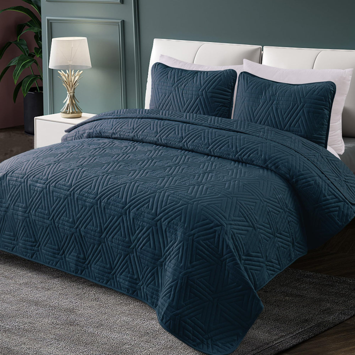 Soft Geometric Quilt Set for All Seasons, Navy