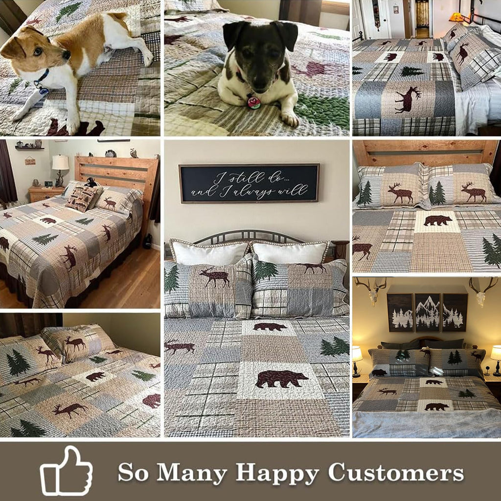 Quilt - 100% Cotton Lightweight Cabin Plaid Quilt Bedding Set, Forest Tree Brown Bear Deer Patchwork