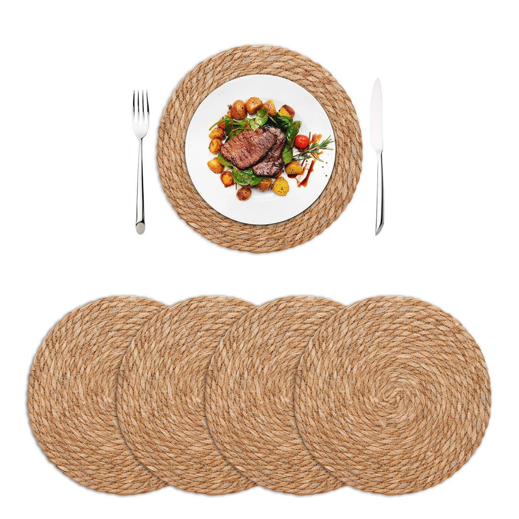 Round Woven Placemats Set of 4, 13.7 Inch Boho Farmhouse Rattan Placemats Rustic Braided Wicker Table Place Mats