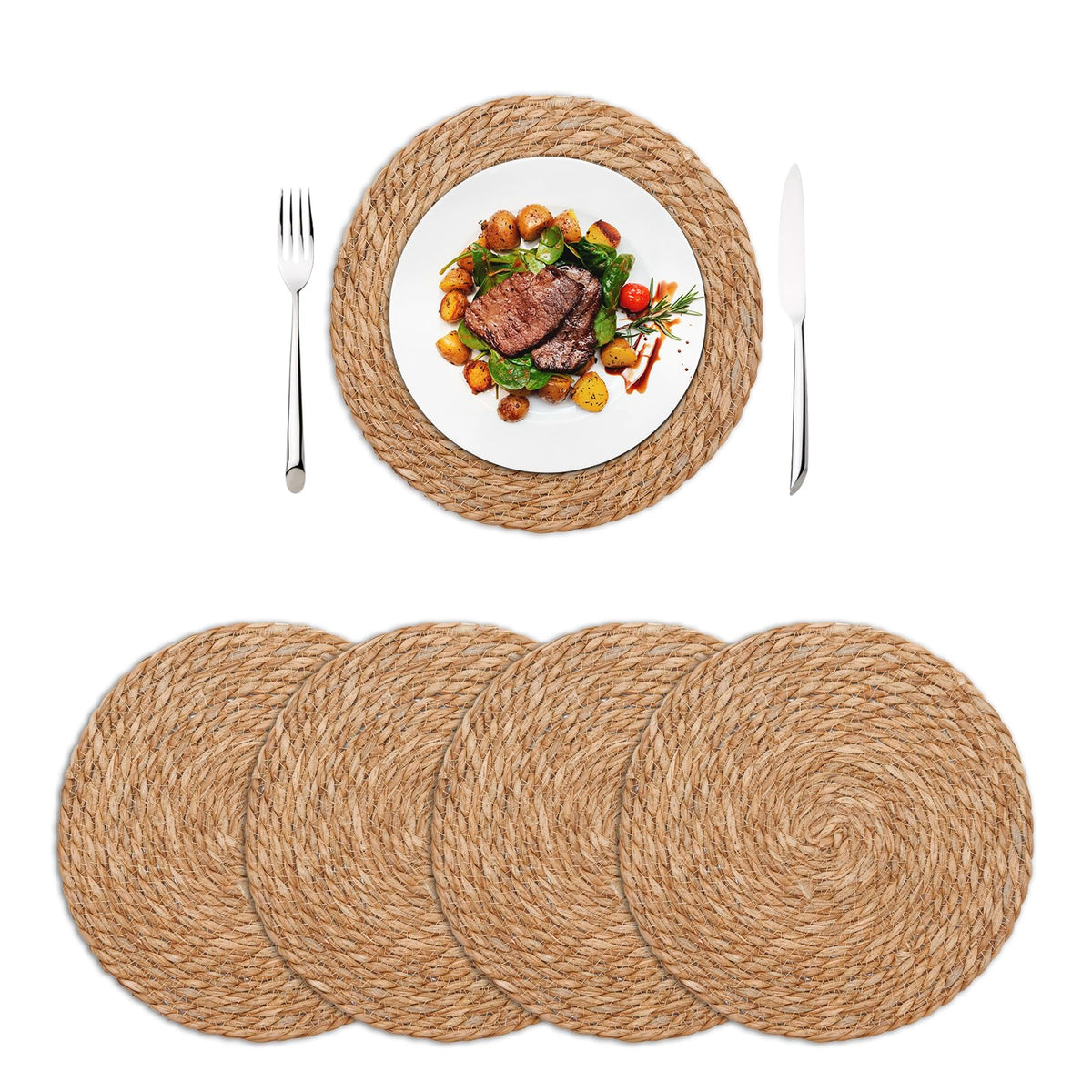 Round Woven Placemats Set of 4, 13.7 Inch Boho Farmhouse Rattan Placemats Rustic Braided Wicker Table Place Mats
