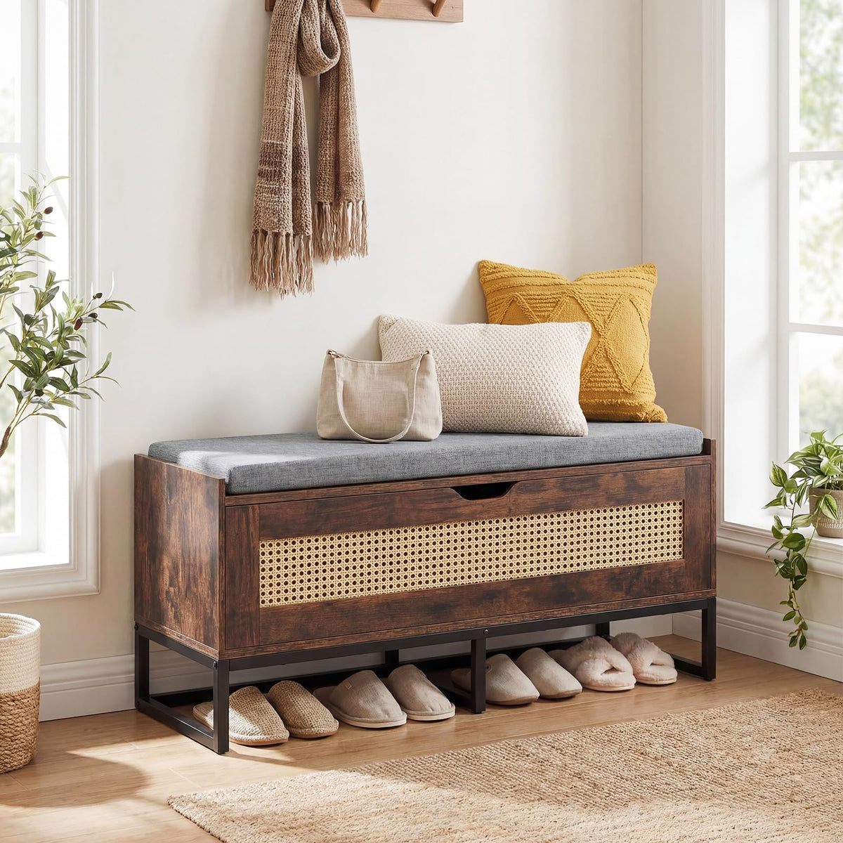 Rattan Shoe Bench, Flip-Top Entryway Bench with Removable Padded Seat & Hidden Storage, Wooden Shoe Storage Chest