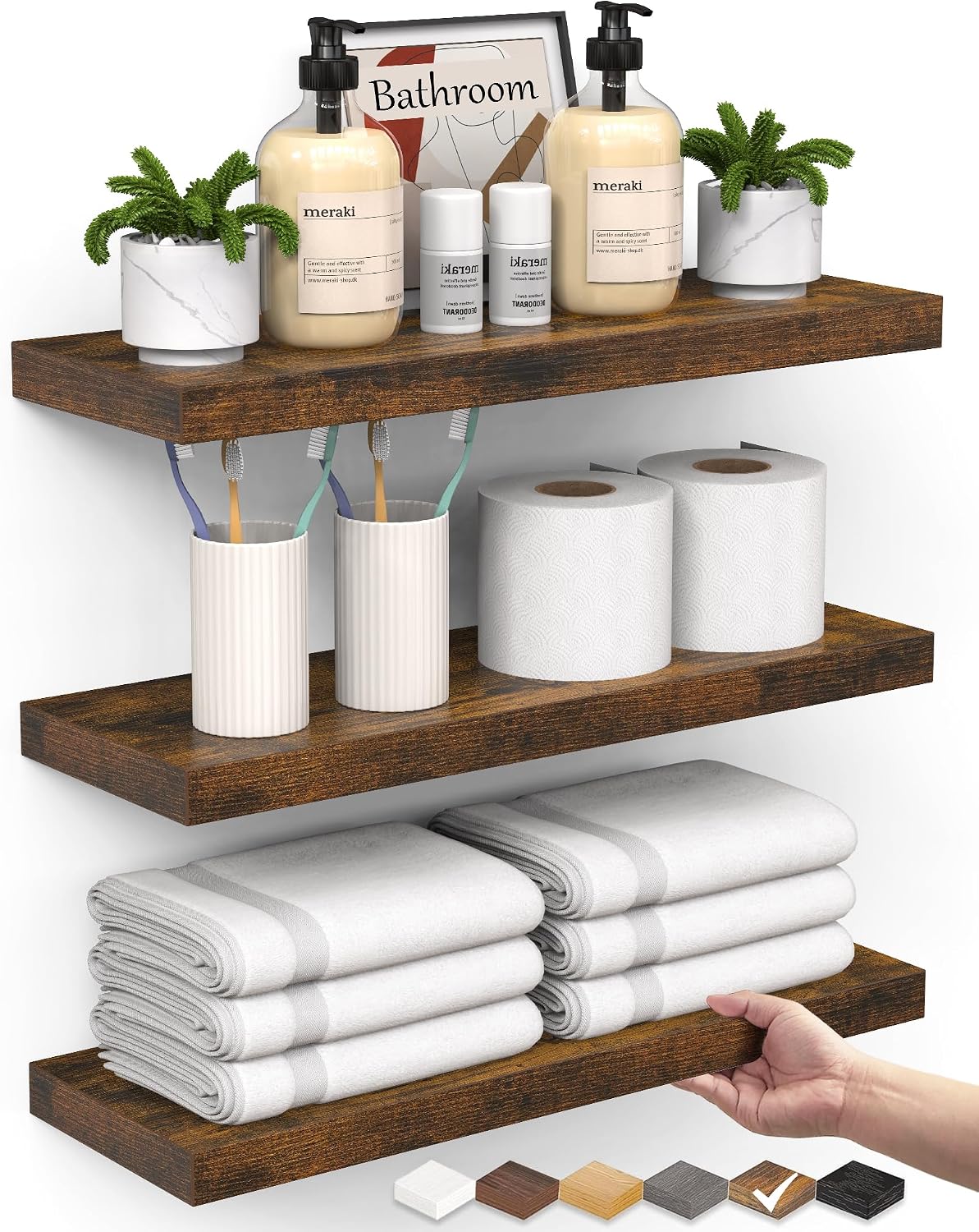 Rustic Brown Bathroom Floating Shelves, 15.7in, 3Pk, Wall Mount Shelf | 22lbs Max Load, Hidden Bracket, Bedroom
