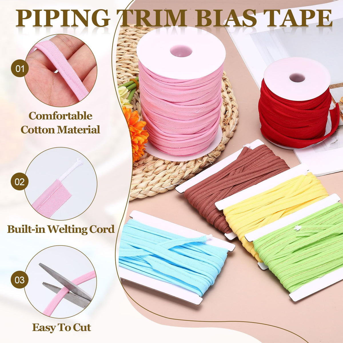 Piping Trim Bia Tape, 3/8 Inch 50 Yards Binding Tape, Light Red