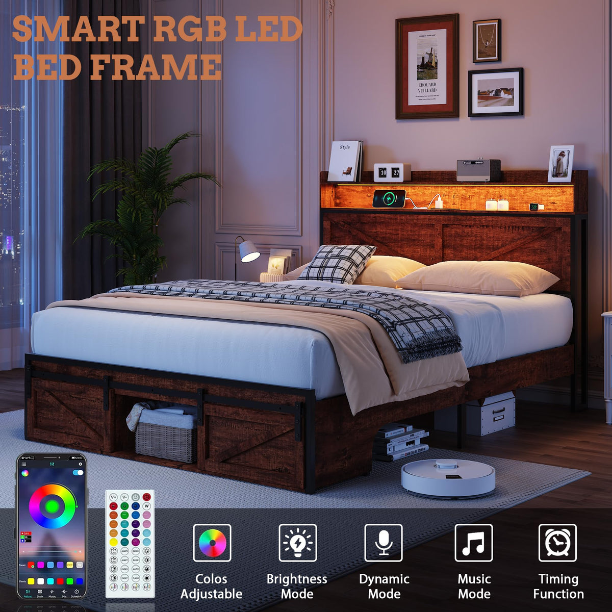 Bed Frame with Storage Headboard, Rustic Platform Bed Frames Under Bed Storage, Footboard Storage