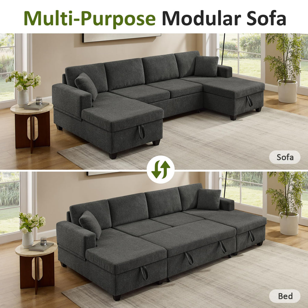 U-Shaped Sectional Sofa with Pull Out Bed & Storages, Dark Grey