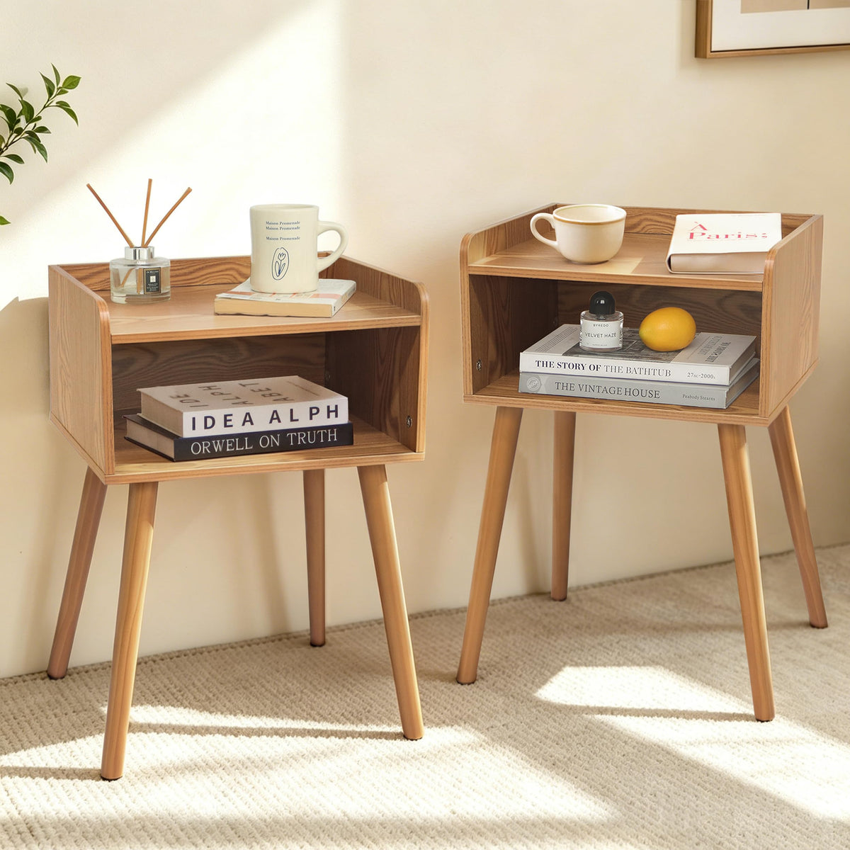 Nightstands Set of 2, Mid Century Side Table Bedroom with Storage