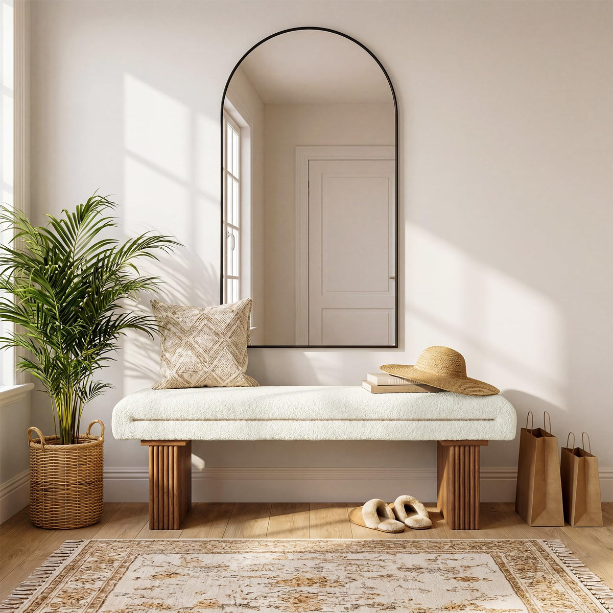 Solid Wood Entryway Bench, 47" Farmhouse End of Bed Bench, Ottoman Indoor Bench with Cushion, Upholstered Window
