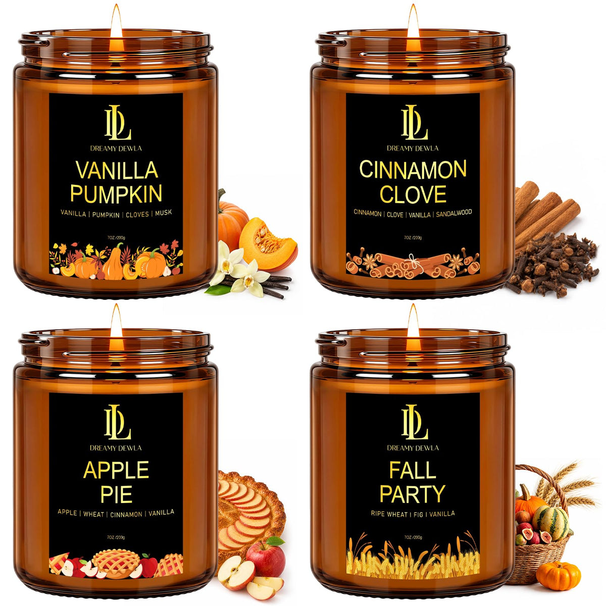 Fall Candles Set Scented, 4 Pack 28oz, Soy Wax