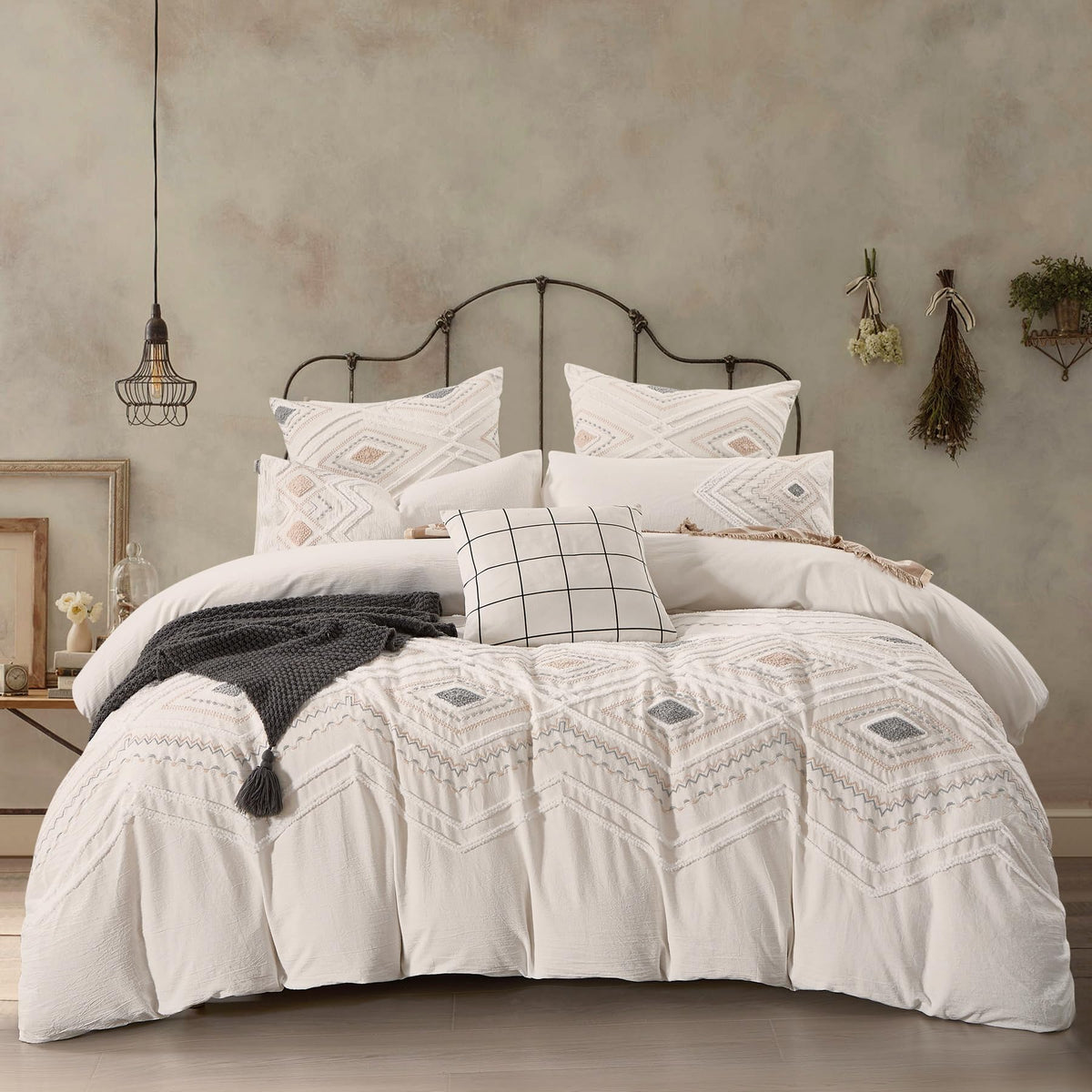 Off White Breathable Tufted Cotton Boho Duvet Cover Set 104x90''