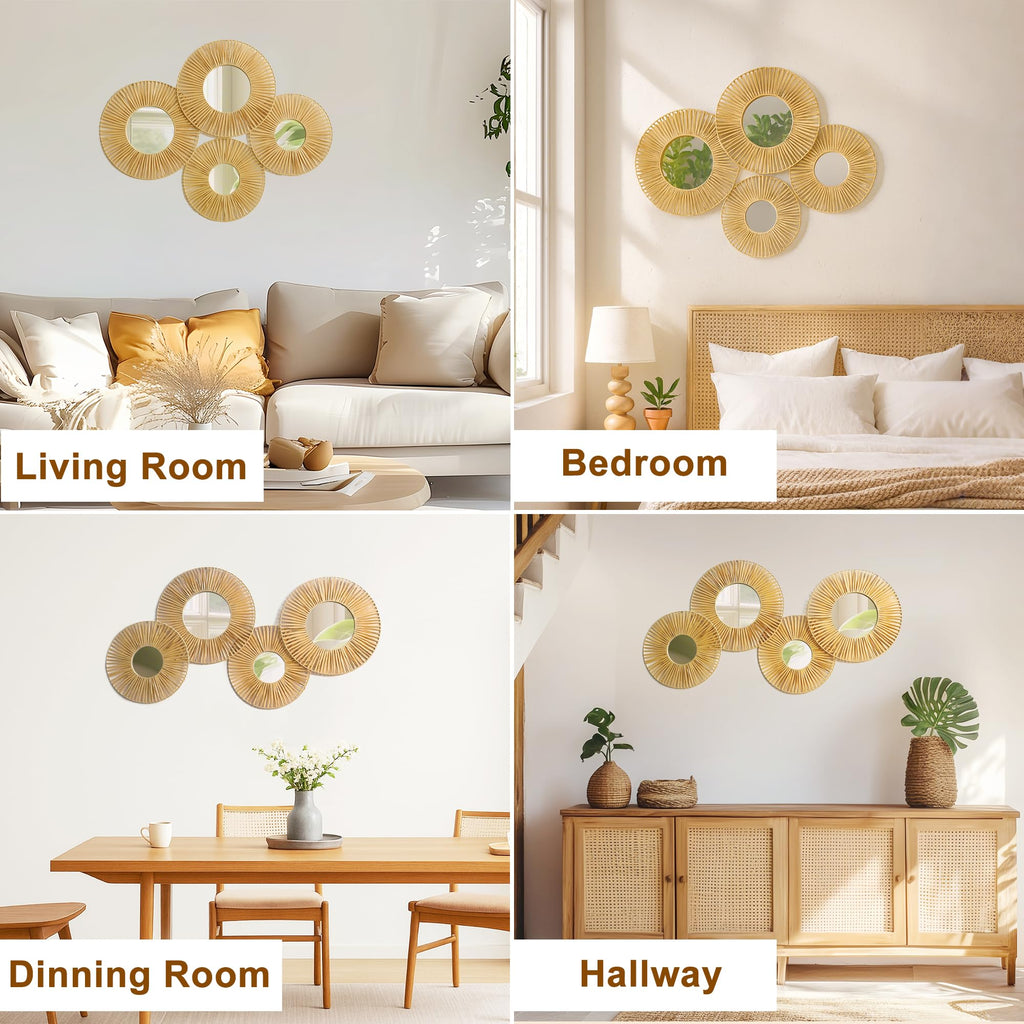 Hanging Baskets Wall Art with Mirror, 4Pcs Boho Wicker Wall Decor