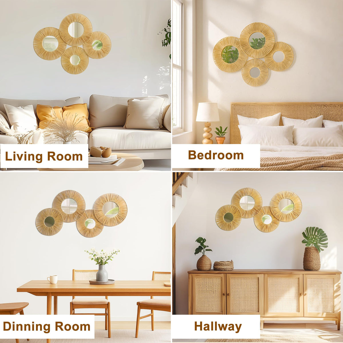 Hanging Baskets Wall Art with Mirror, 4Pcs Boho Wicker Wall Decor