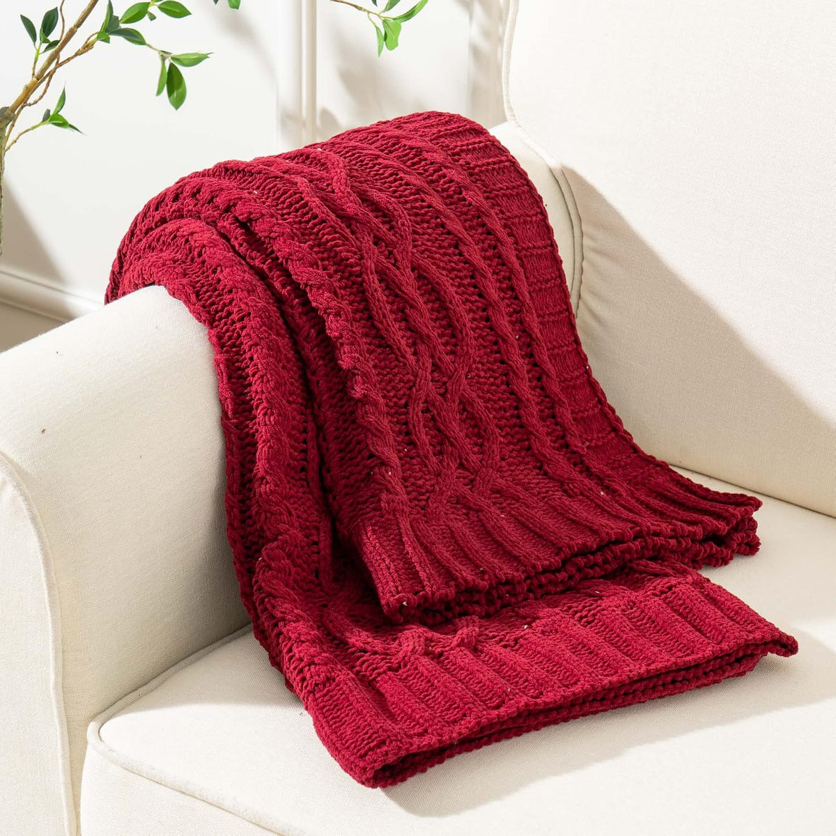 Christmas Dark Red Throw Blanket for Couch, Bed, Sofa, 51"x67", Woven Chenille Knit Throw Blankets, Gift Blanket