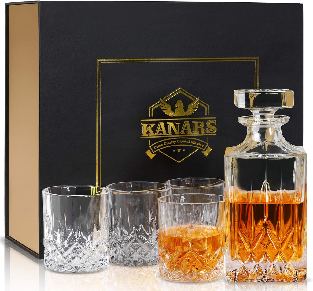 Whiskey Decanter And Glasses Set in Unique Gift Box - Original Crystal Liquor Decanter Set For Bourbon, Scotch - Set of 5