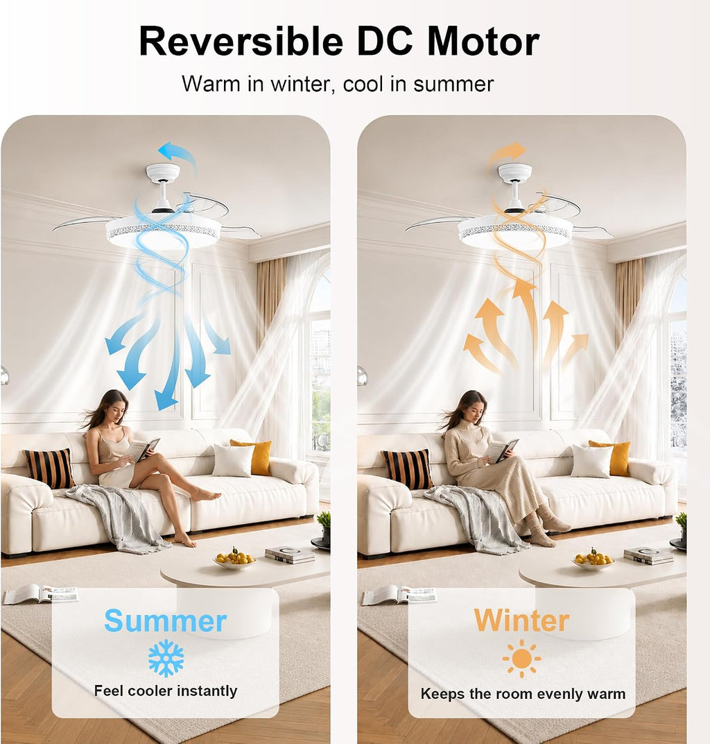 Retractable Ceiling Fan with Lights, 44 Inch, Remote, High CFM
