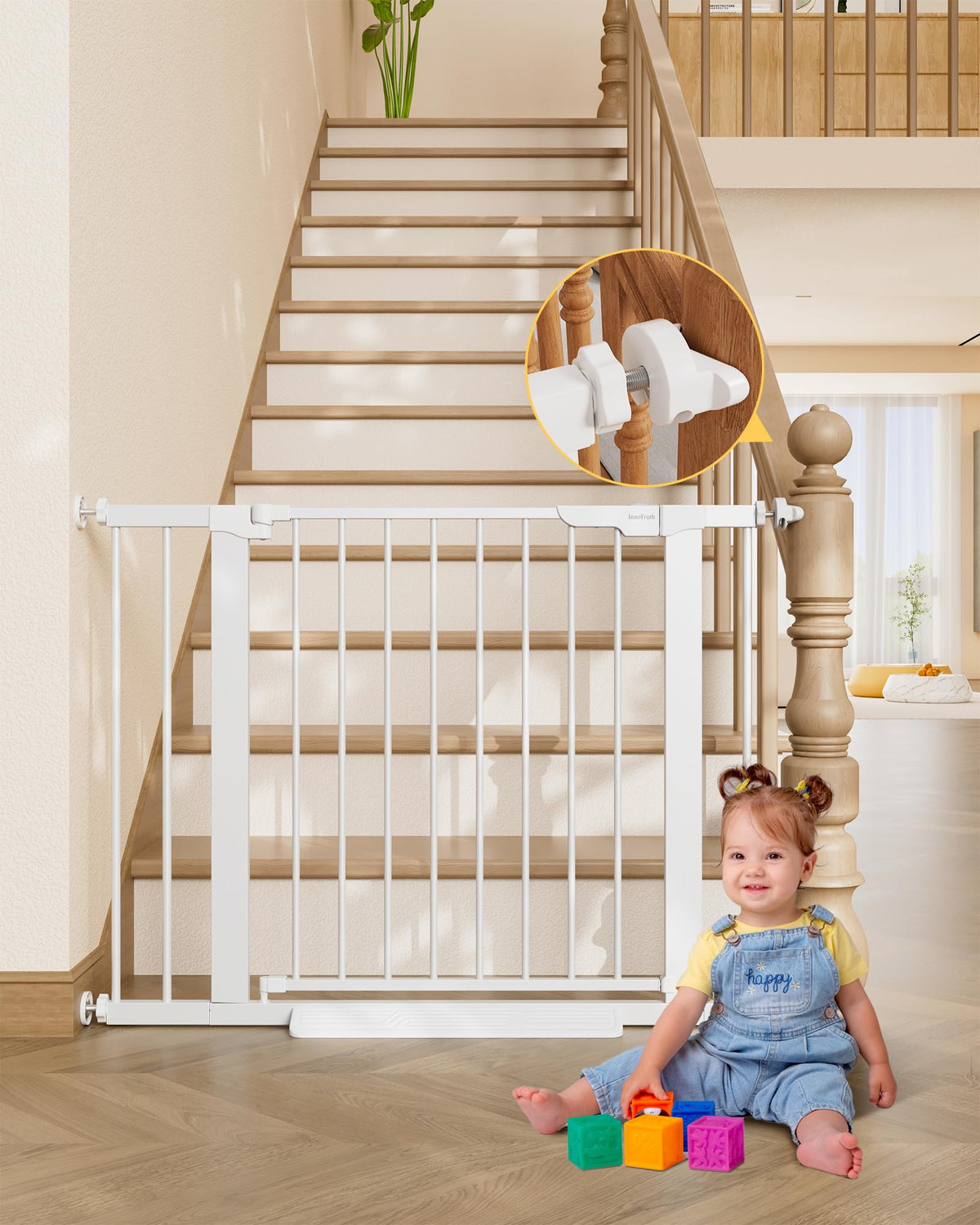 29.6-39.1 in Wide Baby Gate for Stairs and Doorways, White