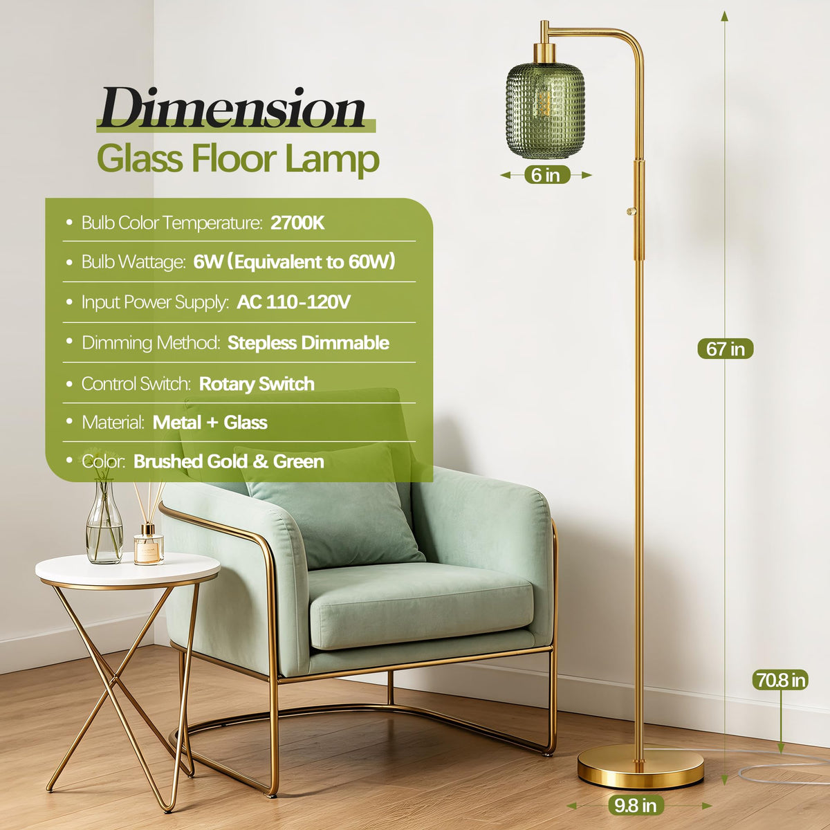 Modern Gold Green Floor Lamps, 67" Bedroom Standing Lamp