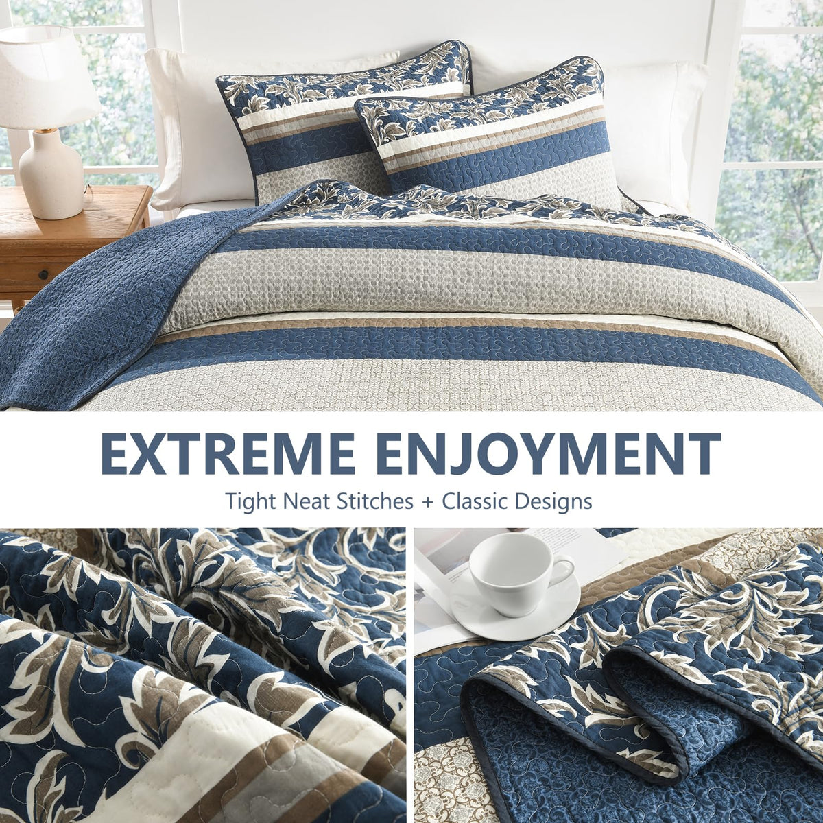 100% Cotton Quilt Set - Striped Quilted Comforter, Patchwork Botanical Quilt Bedspread, Modern