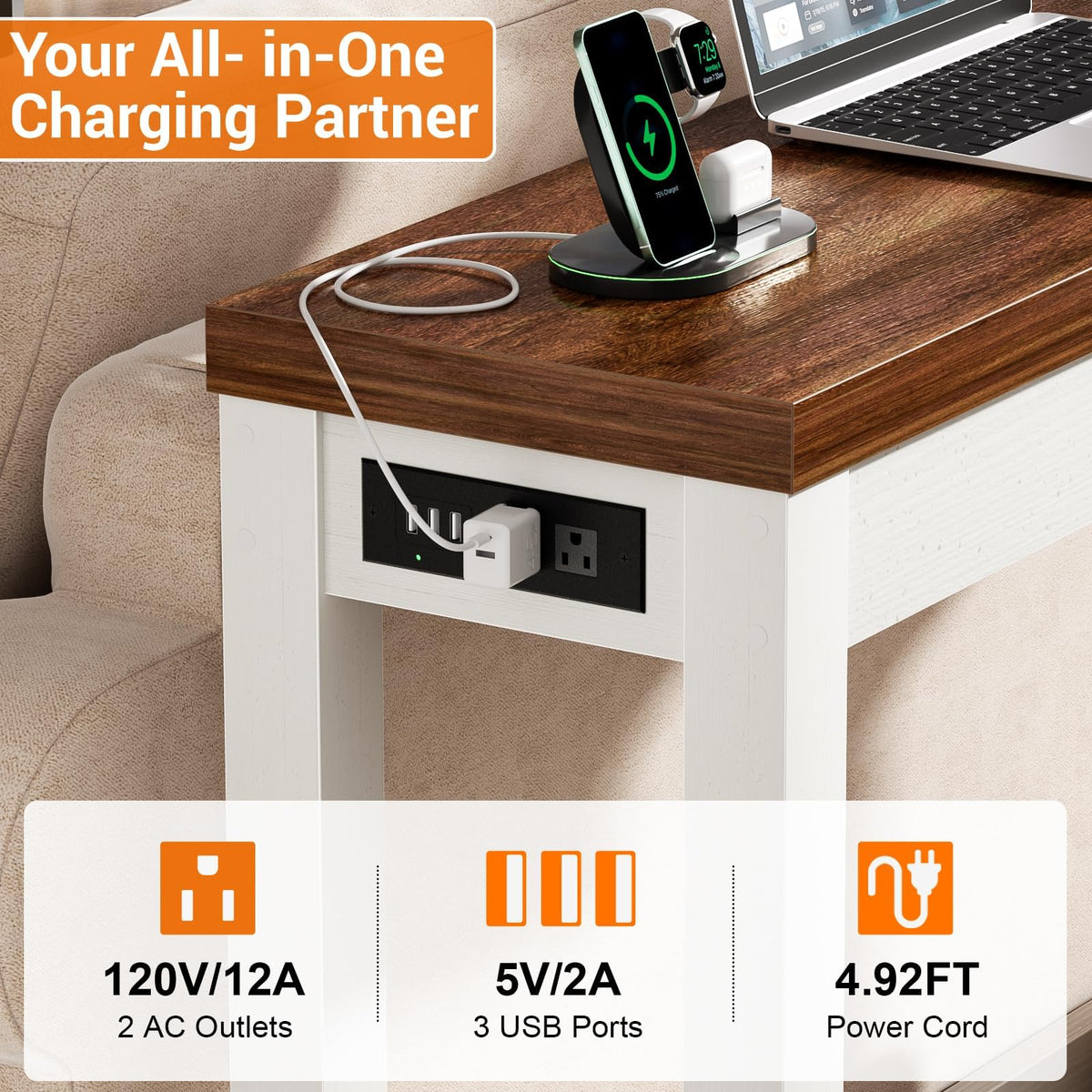 63" Console Table with 2 AC Outlets & 3 USB Ports, Rustic Oak
