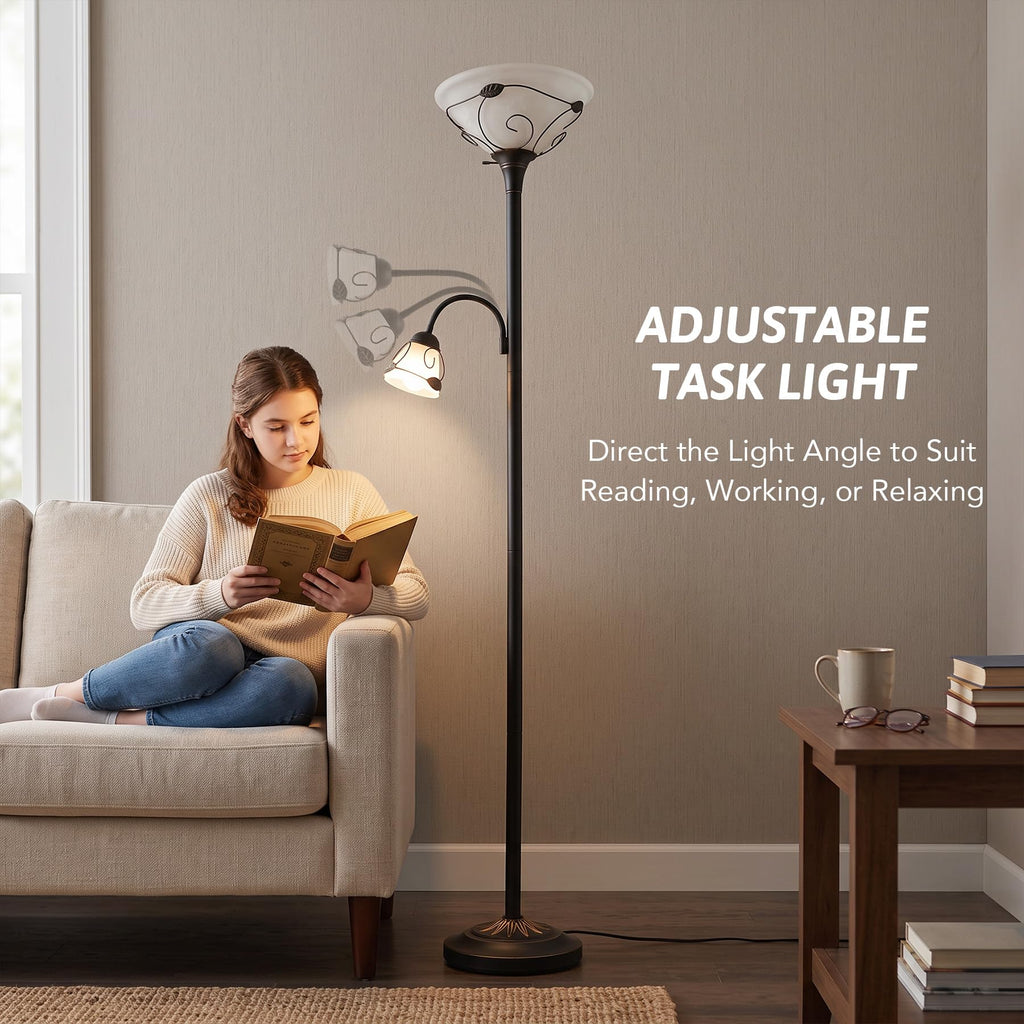 Torchiere Floor Lamp Tiffany Style w/ Side Reading Light, 3-Way Switch Combo Antique Bronze Mother Daughter Floor