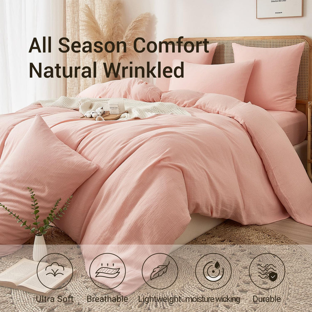 100% Muslin Cotton Blush Pink Duvet Cover Set Fluffy Solid Bedding