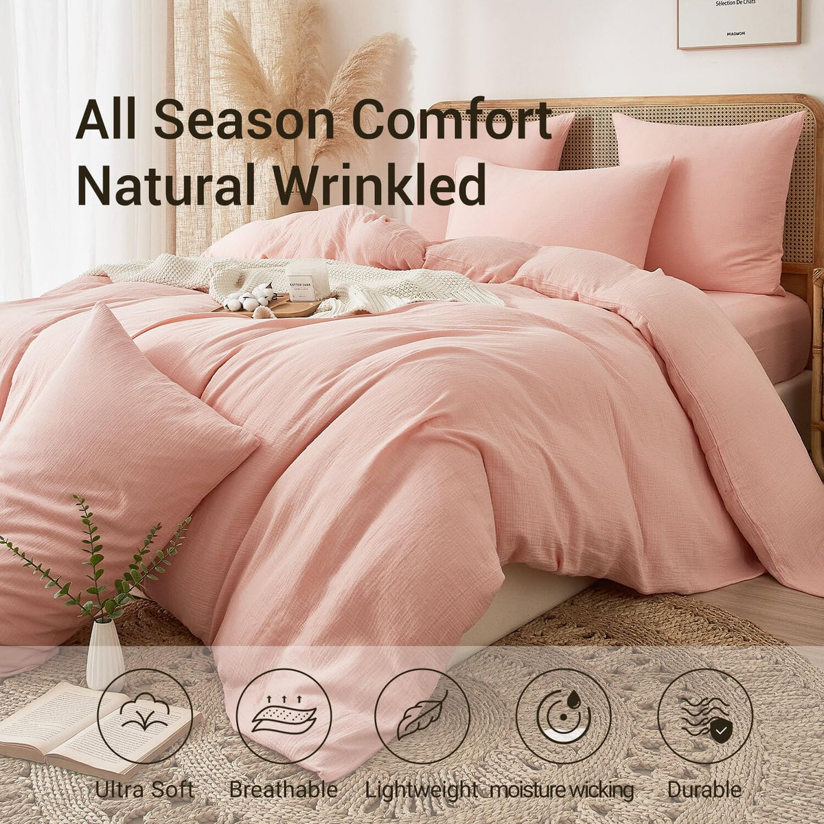 100% Muslin Cotton Blush Pink Duvet Cover Set Fluffy Solid Bedding
