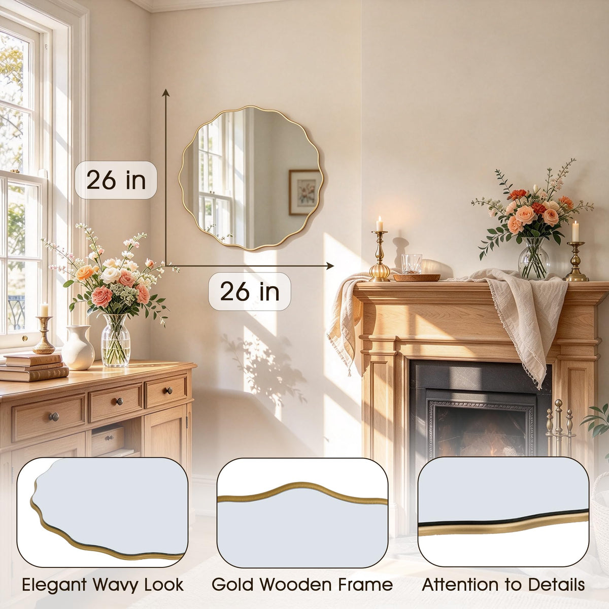 Gold Round Wavy 26" Scalloped Farmhouse Nursery Wall Decor Mirror