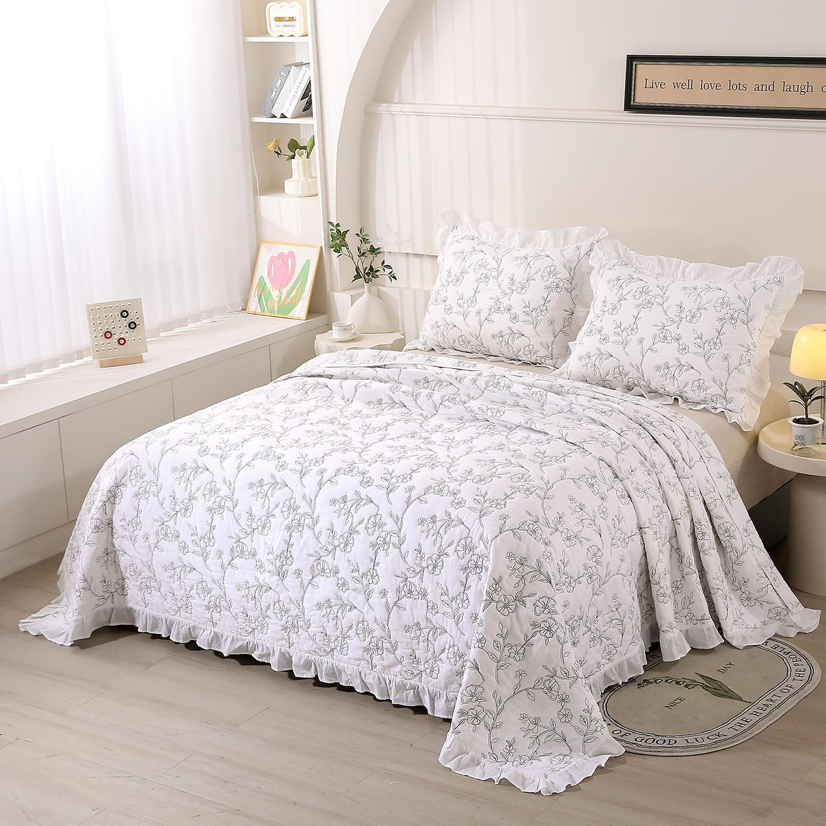 Romantic Ruffled Floral Embroidered Quilt Set White 100% Cotton Bedspread with 2 Ruffle Pillow Shams