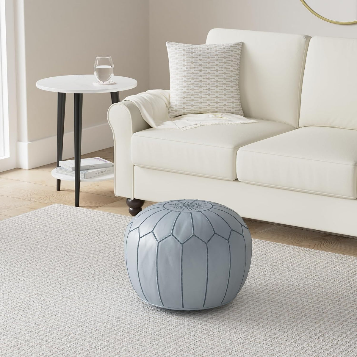 Genuine Handmade Moroccan Leather Pouf | Bedroom & Living Room Round Ottoman | Authentic Goat Skin Leather
