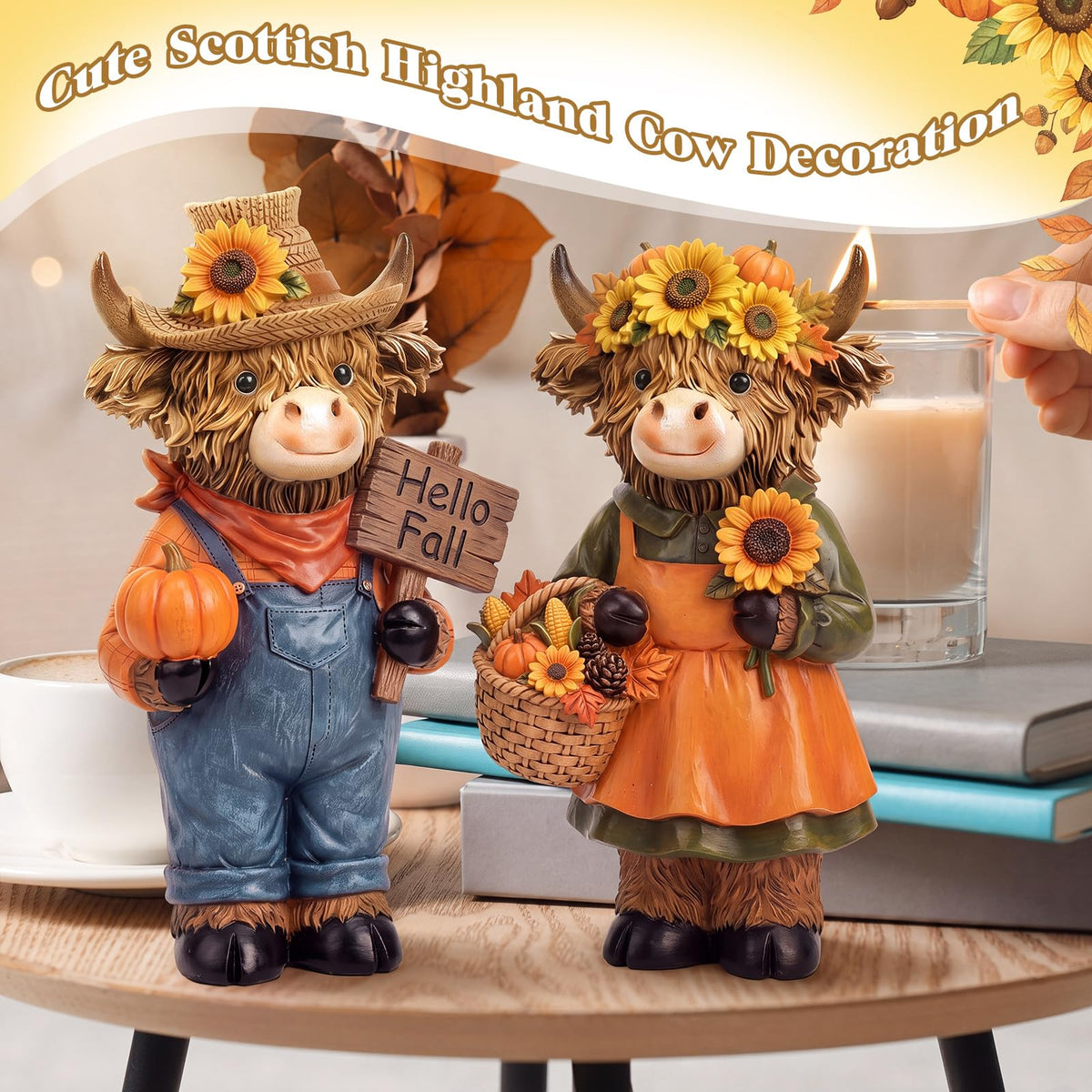 2 Pcs Fall Highland Cow Figurines Gifts, Resin Table Decor