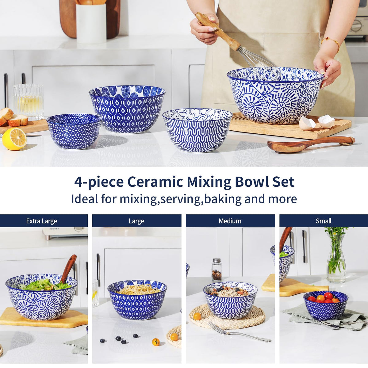 Ceramic Mixing Bowls Set of 4, 20/36/60/123 oz, Vintage Blue