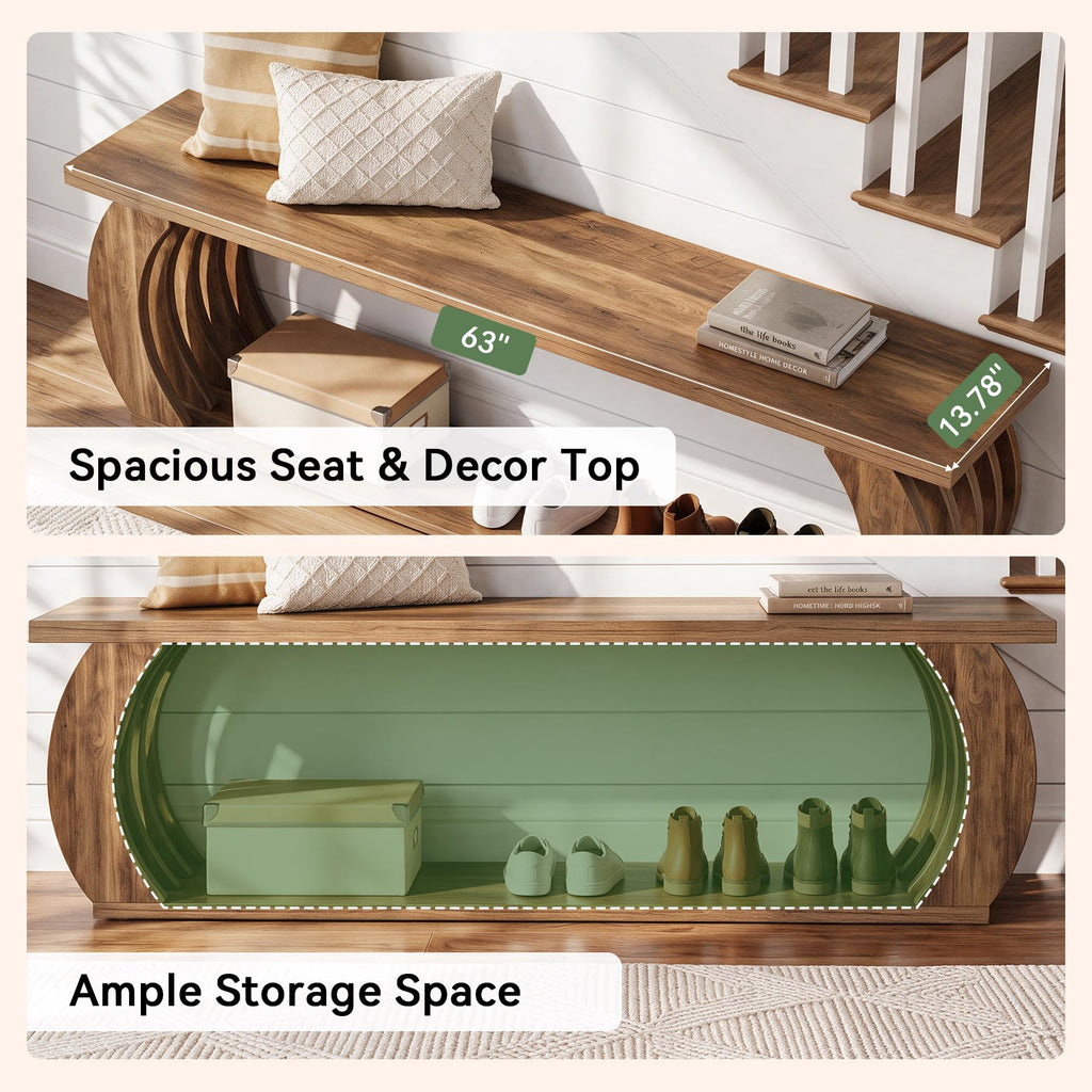 63" Entryway Bench with Storage, 2-Tier Farmhouse Wooden Bench