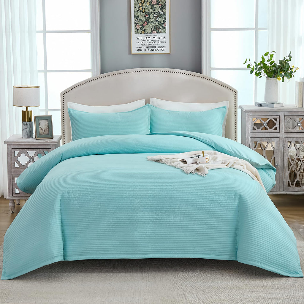 Stripe Quilted Duvet Cover Set, Soft Lightweight Coverlet, 3 Pieces Quilt Set Multi-Purpose Bedding Set for All