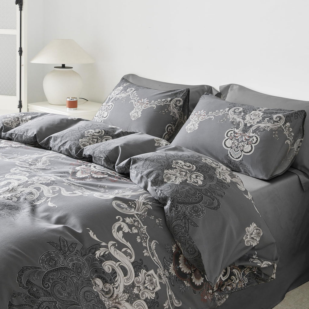 Grey Boho Damask Duvet Cover King 100% Egyptian Cotton 3 Pcs Set