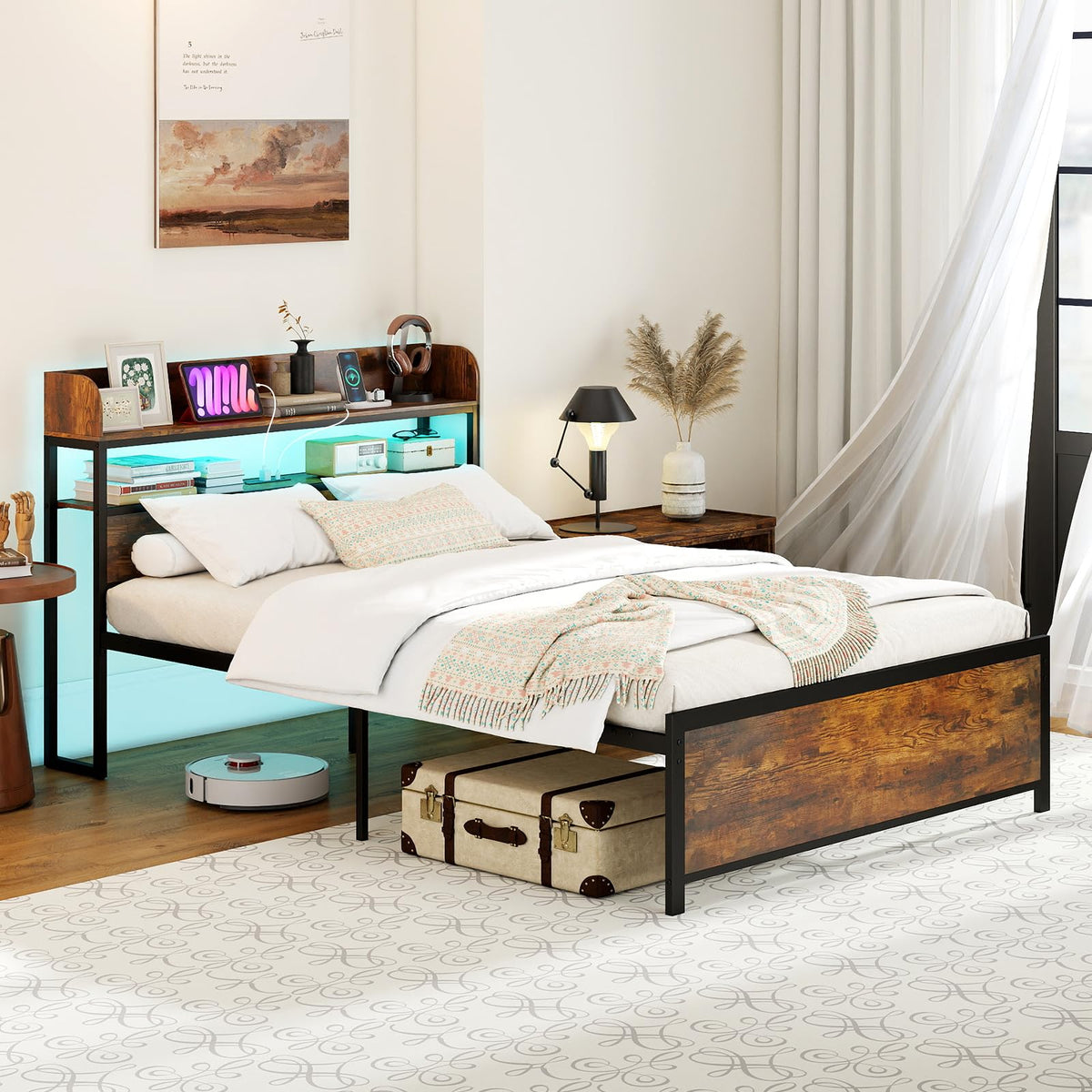Bed Frame with Storage Headboard, Metal Platform Bed w/LED Light & Charging Station, Heavy Duty Slat