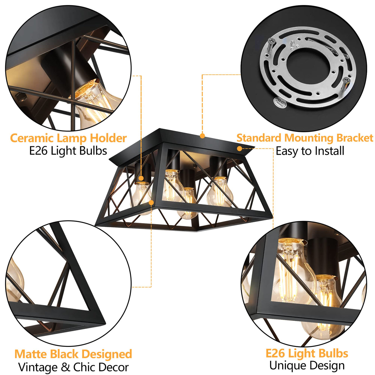 4-Light Black Flush Mount Ceiling Light Hallway, Industrial Close to Ceiling Lighting, Farmhouse Square Cage Lamp